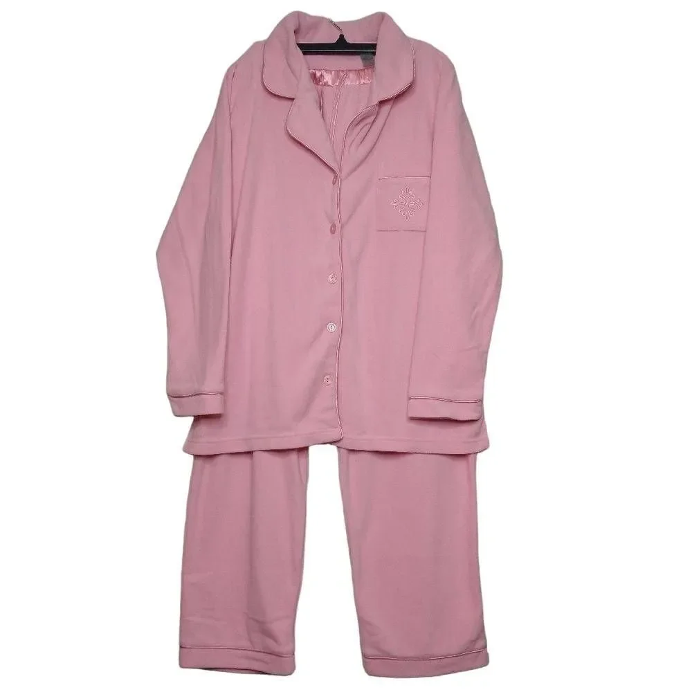 Vintage Delicates Baby Pink Fleece Snowflake Embroidered Matching Pajama Set M